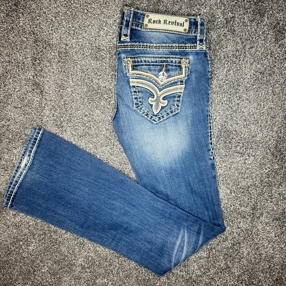 Rock Revival Women's Boot Cut Jeans - Blue with White Stitching